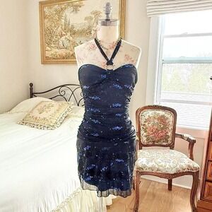 Y2K deb navy sequin halter dress tagged size medium fits like a small